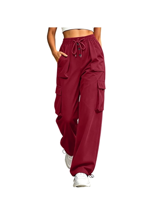 Cargo Pants for Women Drawstring High Waisted Outdoor Hiking Pants Wide Leg Loose Fitted Trousers with Pockets
