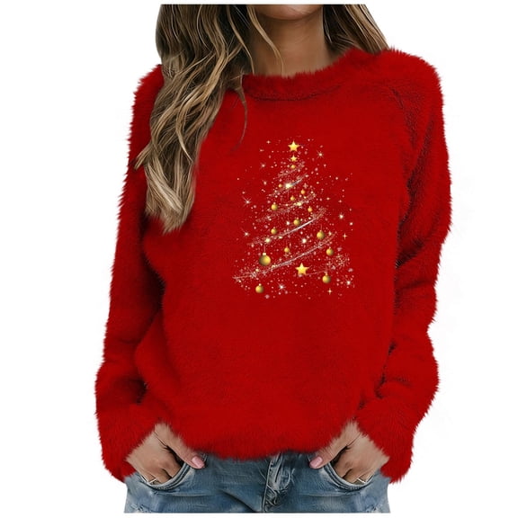 BUIGTTKLOP Christmas Sweaters for Women Graphic Print Creneck Pullover Tops Long Sleeve Shirts Loose Fitting Blouses