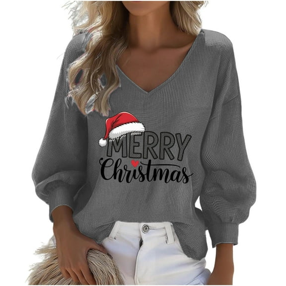 BUIGTTKLOP Christmas Sweathisrts for Women Oversized Puff Long Sleeve Top V Neck Pullover Tops Graphic Print Blouses