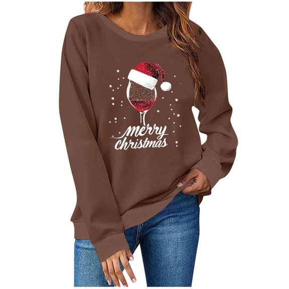 BUIGTTKLOP Christmas Sweatshirts for Women Long Sleeve Hoodless Top Crewneck Pullover Tops Print Loose Blouse