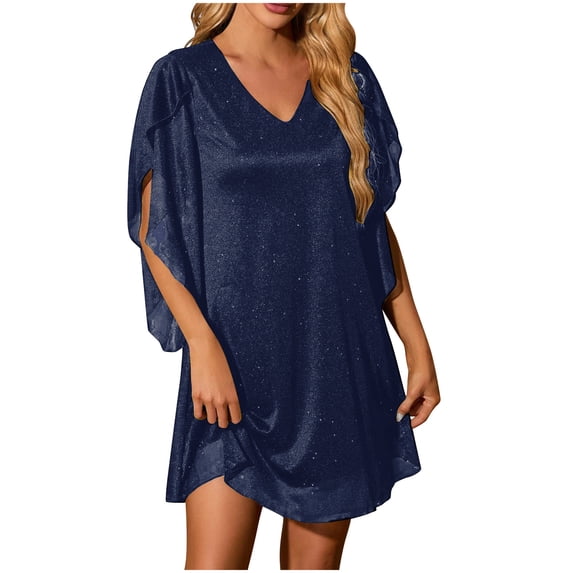 BUIGTTKLOP Cocktail Dresses for Women Sparkly Wedding Guest Flutter Sleeve Loose Chiffon Party Dress
