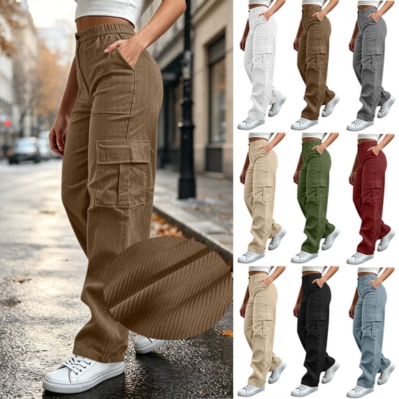 BUIGTTKLOP Corduroy Cargo Pants for Women High Waisted Baggy Wide Leg Stretchy Streetwear Trousers with Pockets