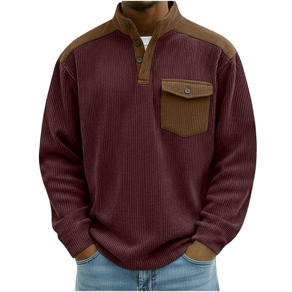 BUIGTTKLOP Corduroy Shirts Men Long Sleeve Shirts Casual Stand Collar Quarter Button up Vintage Sweatshirts