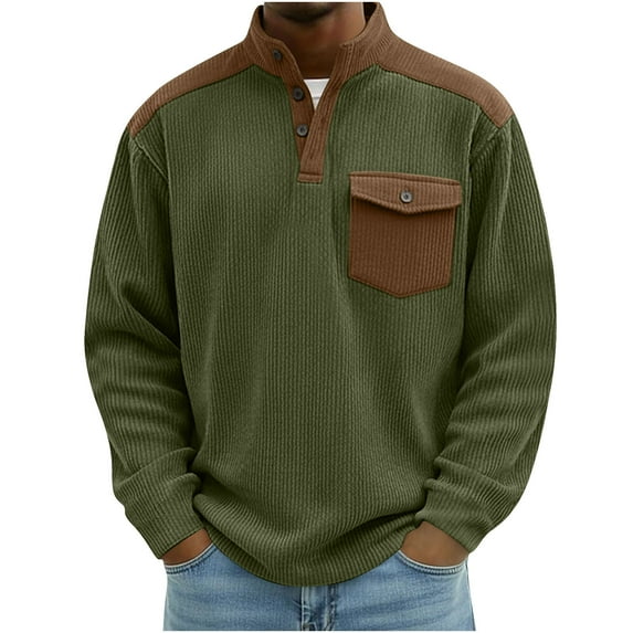 BUIGTTKLOP Corduroy Shirts Men Long Sleeve Shirts Casual Stand Collar Quarter Button up Vintage Sweatshirts