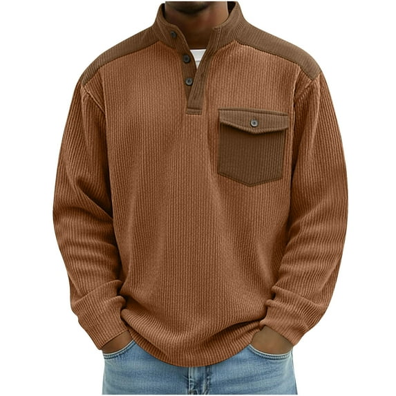 BUIGTTKLOP Corduroy Shirts Men Long Sleeve Shirts Casual Stand Collar Quarter Button up Vintage Sweatshirts