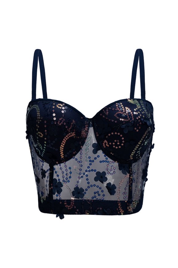 Corset Top for Women with Built in Bra Tank Tops Sleeveless Embroidered Spaghetti Strap Mesh Push up Bustier Bralettes