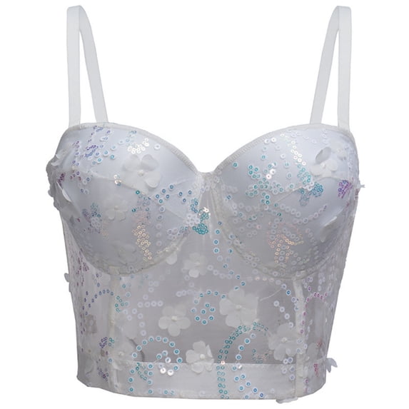 BUIGTTKLOP Corset Top for Women with Built in Bra Tank Tops Sleeveless Embroidered Spaghetti Strap Mesh Push up Bustier Bralettes