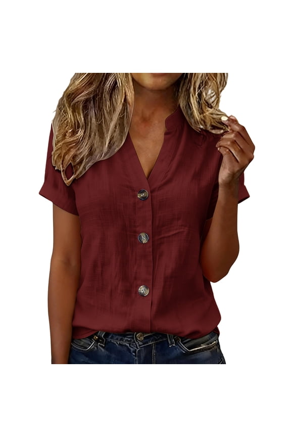 Cotton Linen Button down Shirts for Women Short Sleeve Business Top V Neck Dressy Casual Worko Blouses