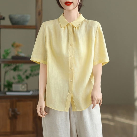 BUIGTTKLOP Cotton Linen Button down Shirts for Women Short Sleeve Shirts Collared Summer Beach Tops