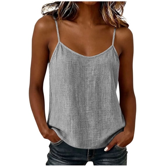 BUIGTTKLOP Cotton Linen Camisole Tops for Women Adjustable Strap Tank Tops Scoop Neck Striped Sleeveless Cami Shirts