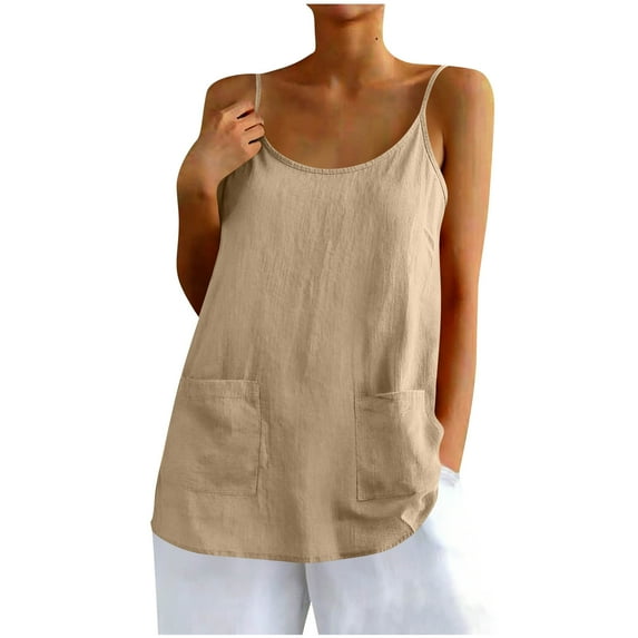 BUIGTTKLOP Cotton Linen Camisole Tops for Women Spaghetti Strap Tank Tops Sleeveless Shirts Scoop Neck Loose Fitted Going out Tops