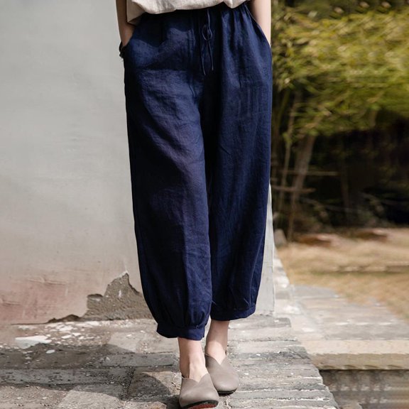 BUIGTTKLOP Cotton Linen Capri Pants for Women Drawstring High Waisted Baggy Cropped Pants with Pockets