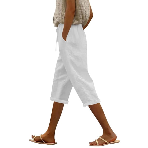 BUIGTTKLOP Cotton Linen Capri Pants for Women Drawstring High Waisted Capris Loose Fitted Cropped Lounge Pants