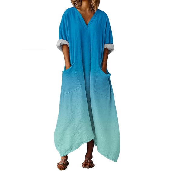 BUIGTTKLOP Cotton Linen Dresses for Women 3/4 Sleeve Maxi Dresses V Neck Casual Flowy Gradient Color Summer Sundress with Pockets