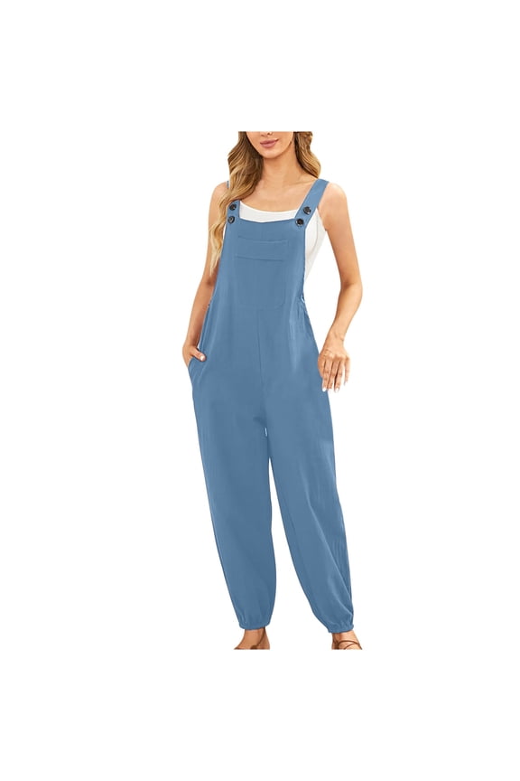 Cotton Linen Overalls for Women Plain Adjustable Straps Long Pants Jumpsuit Casual Rompers with Pockets