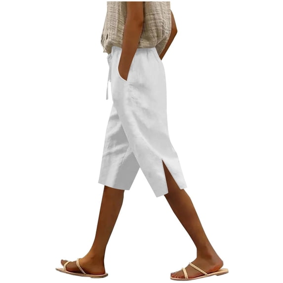 BUIGTTKLOP Cotton Linen Shorts for Women Drawstring High Waisted Knee Length Pants Side Split Summer Beach Shorts with Pockets