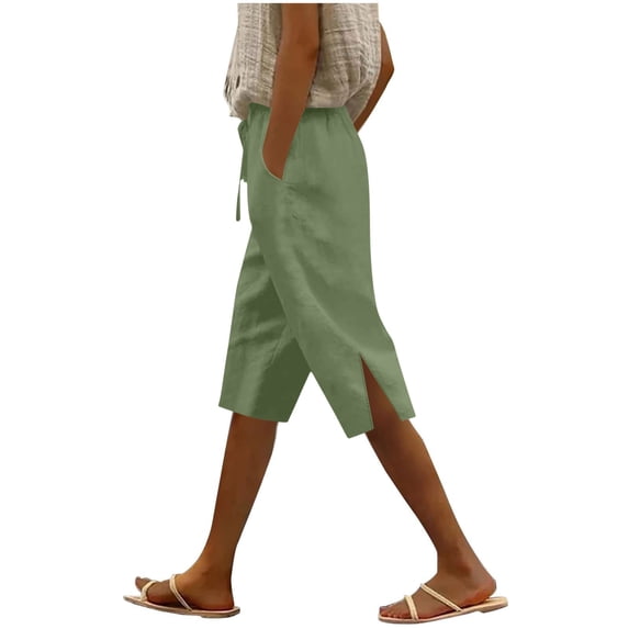 BUIGTTKLOP Cotton Linen Shorts for Women Drawstring High Waisted Knee Length Shorts Sraight Wide Leg Loose Fitted Summer Shorts