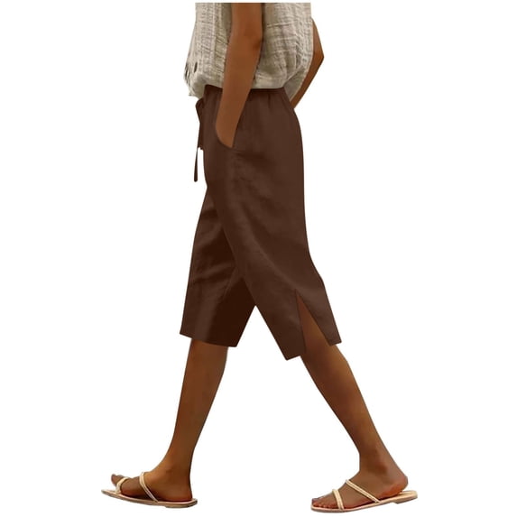 BUIGTTKLOP Cotton Linen Shorts for Women Drawstring High Waisted Knee Length Shorts Sraight Wide Leg Loose Fitted Summer Shorts