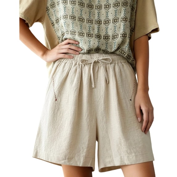 BUIGTTKLOP Cotton Linen Shorts for Women Drawstring High Waisted Lounge Shorts Straight Wide Leg Casual Shorts