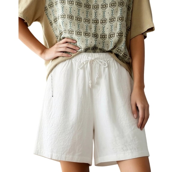 BUIGTTKLOP Cotton Linen Shorts for Women Drawstring High Waisted Lounge Shorts Straight Wide Leg Casual Shorts