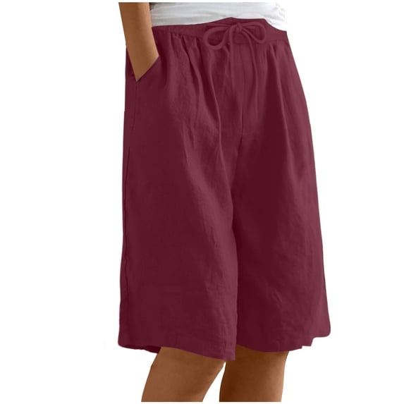 BUIGTTKLOP Cotton Linen Shorts for Women Knee Length Lounge Shorts Straight Wide Leg Summer Shorts with Pockets