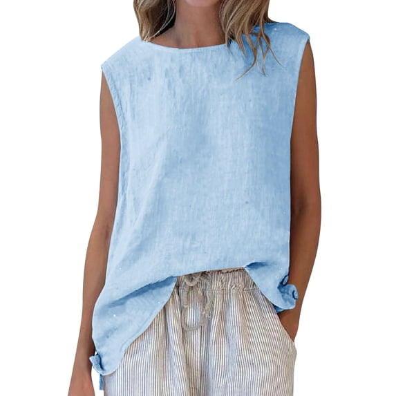 BUIGTTKLOP Cotton Linen Tank Tops for Womens Comfy Lounge Wear Summer Sleeveless Crewneck Shirt Casual Blouse Loose Fit Cami
