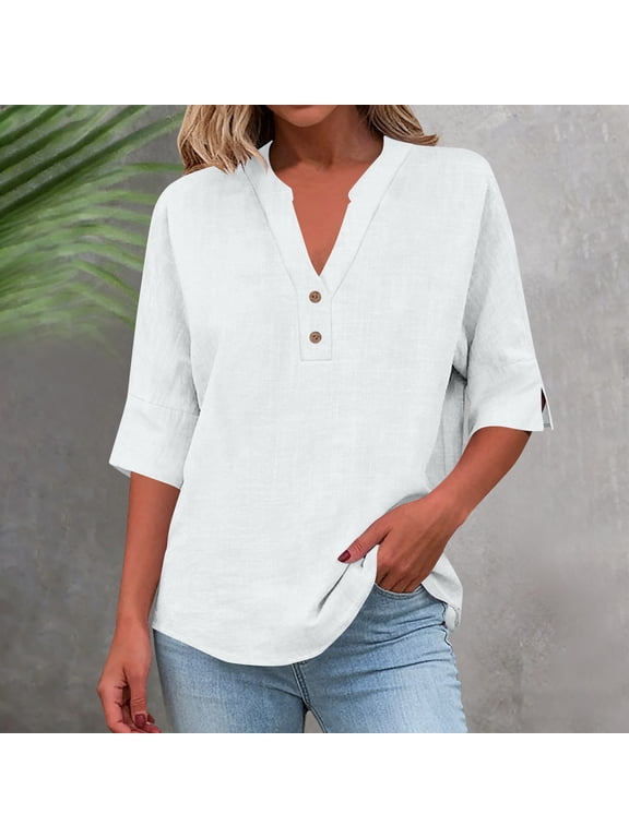 Cotton Linen Tops for Women Summer Loose Fitted 3/4 Length Sleeve Blouses Dressy Casual Button V-Neck Shirt