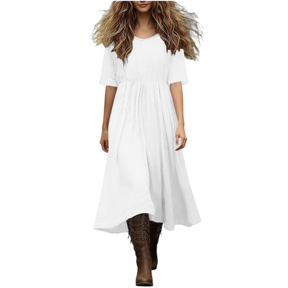 BUIGTTKLOP Cotton Linne Dresses for Women Short Sleeve Crewneck Midi Dress A Line Pleated Casual Flowy Sundresses