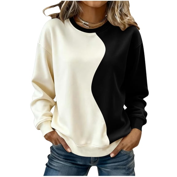 BUIGTTKLOP Crewneck Sweatshirts for Women Long Sleeve Shirts Color Block Loose Fitted Pullovers