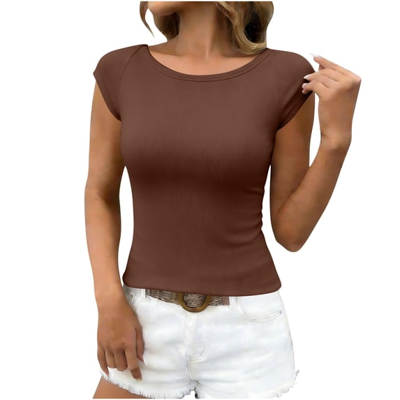 BUIGTTKLOP Crop Tops for Women Cap Sleeve Shirts Crewneck Stretchy Slim Fitted Basic Summer Tees Tops