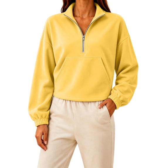BUIGTTKLOP Cropped Sweatshirts for Women Lightfleece Lined Half Zip Collared Pullover Tops Loose Fit Comfy Top Fall Fashion Outfits Clothes