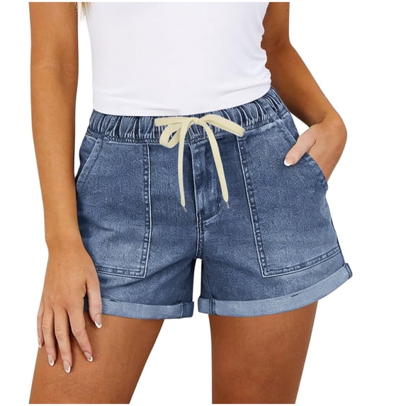 BUIGTTKLOP Denim Shorts for Women Drawstring High Waisted Jeans Shorts Rolled Hem Wide Leg Summer Casual Shorts