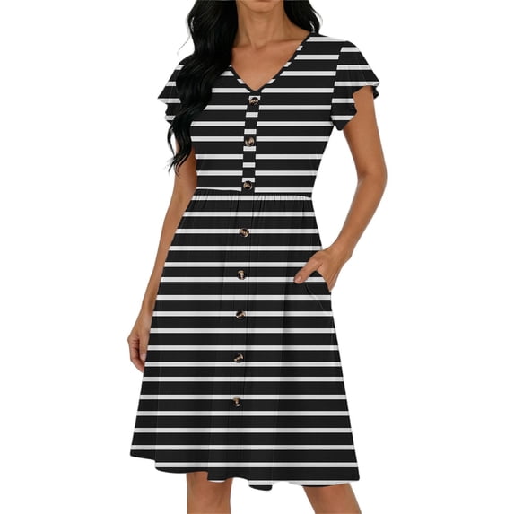 BUIGTTKLOP Dresses for Women 2026 Summer Casual Knee-Length Dress V-Neck Ruffle Sleeves Striped Front Button down Dresses with Pockets