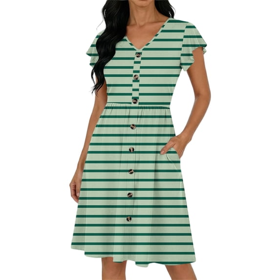 BUIGTTKLOP Dresses for Women 2026 Summer Casual Knee-Length Dress V-Neck Ruffle Sleeves Striped Front Button down Dresses with Pockets
