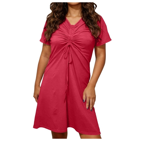 BUIGTTKLOP Dresses for Women Short Sleeve Casual Dresses Lace up V Neck Pleated Flowy Sundress