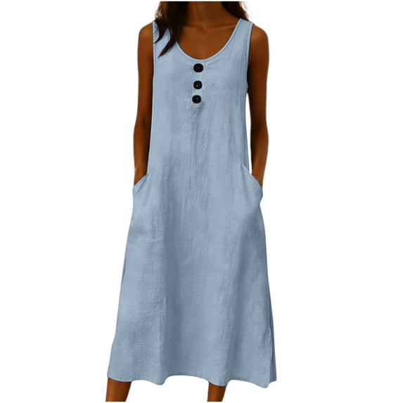 BUIGTTKLOP Dresses for Women Sleeveless Tank Dresses Scoop Neck Midi Dresses Loose Fitted Sundress with Pockets