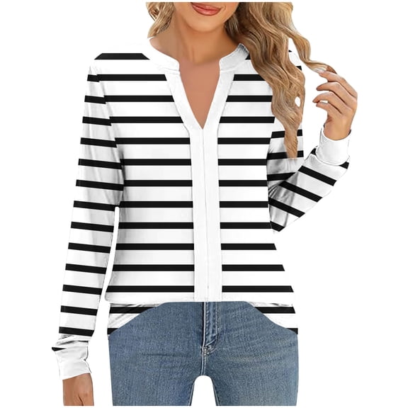 BUIGTTKLOP Dressy Casual Tops for Women Long Sleeve Shirts Casual V Neck Striped Work Top Loose Fitted Office Blouses