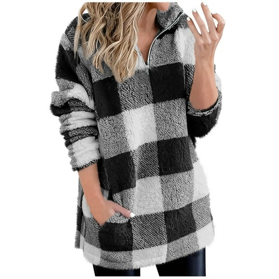 BUIGTTKLOP Fuzzy Fleece Sweatshirts for Women 1/4 Zip up Plaid Shirts Sherpa Pullover Jacket Coat with Pockets