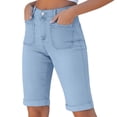thumbnail image 1 of BUIGTTKLOP Jean Shorts for Women High Waisted Knee Length Fold Hem Casual Stretchy Denim Long Shorts with Pockets, 1 of 6