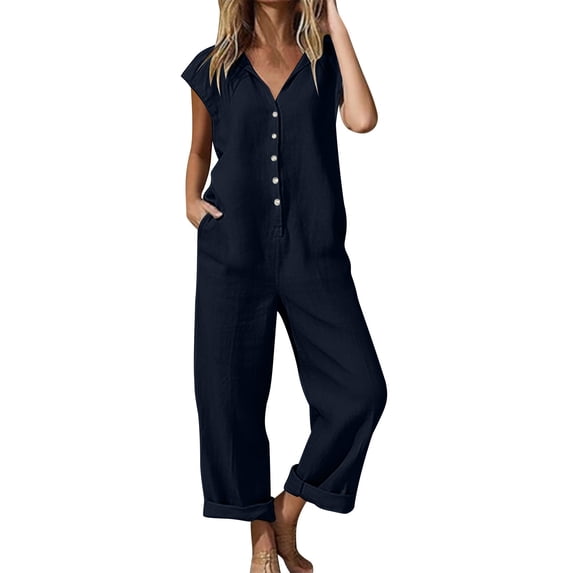 BUIGTTKLOP Jumpsuits for Women Button down Cap Sleeve Rompers Wide Leg Pants Loose Fitted Overalls with Pockets