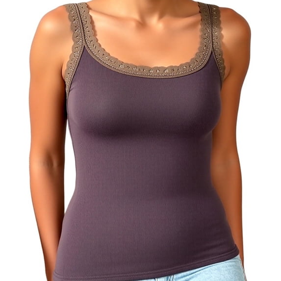 BUIGTTKLOP Lace Camisole Tank Tops for Women Scoop Neck Wide Strap Soft Ribbed Knit Lace Trim Cami