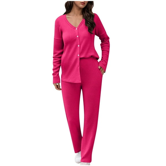 BUIGTTKLOP Lounge Sets for Women Long Sleeve V Neck Button down Shirts Wide Leg Pants Soft Loungewear