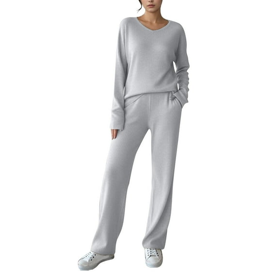 BUIGTTKLOP Lounge Sets for Women Long Sleeve V Neck Top Wide Leg Pants Knit 2 Piece Outfits Loungewear
