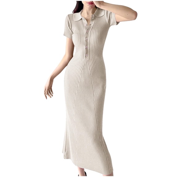 BUIGTTKLOP Maxi Dress for Women Summer V Neck Button Short Sleeve Slim Fitted Ribbed Knit Long Sweater Dresses
