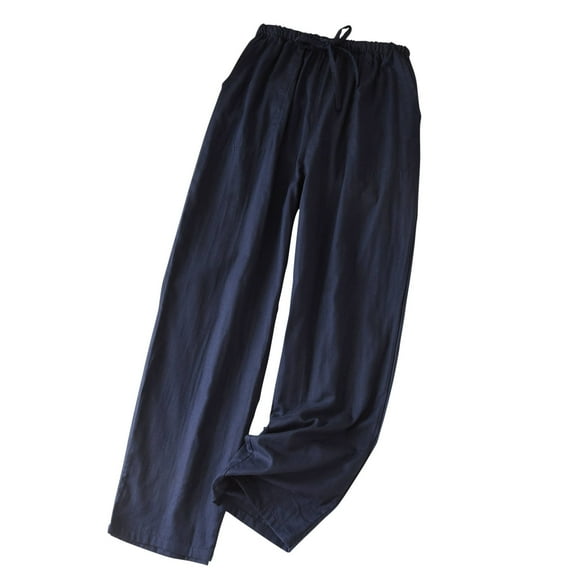 BUIGTTKLOP Mens Cotton Pants Drawstring Waisted Lounge Pants Straight Wide Leg Loose Fitted Trousers Loungewear