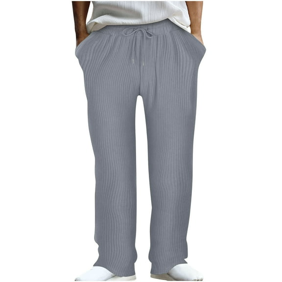BUIGTTKLOP Mens Pants Cotton High Waisted Casual Pants Wide Leg Loose Fitted Ribbed Trousers with Pockets
