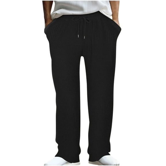BUIGTTKLOP Mens Pants Cotton High Waisted Casual Pants Wide Leg Loose Fitted Ribbed Trousers with Pockets