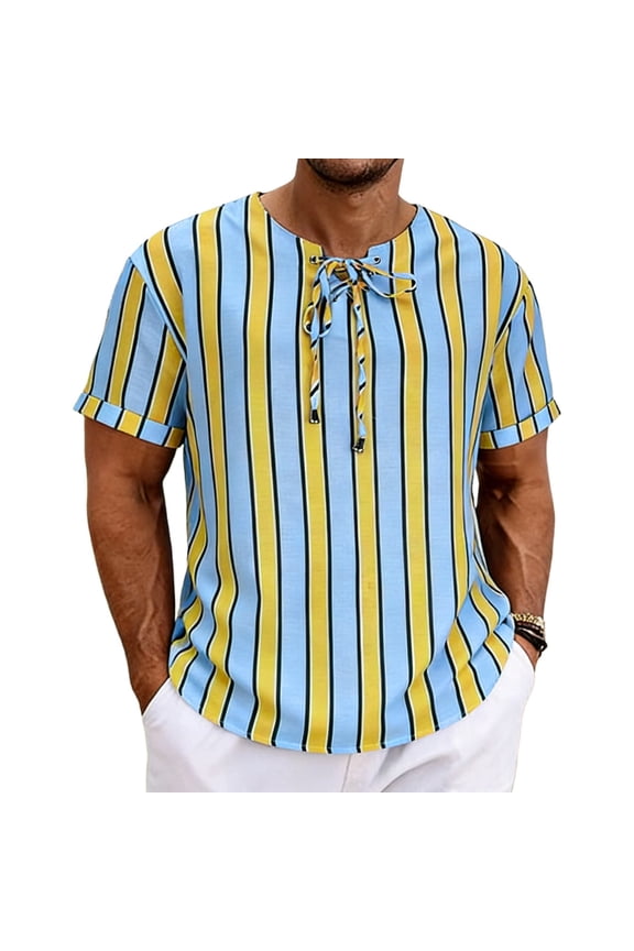 Mens Shirts Short Sleeve Boho Shirts Drawstring Crewneck Striped T Shirts Loose Fitted Summer Beach Tops