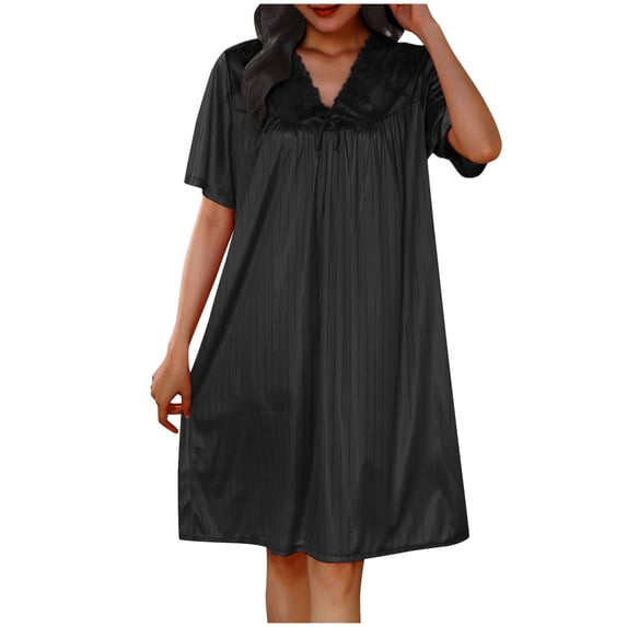 BUIGTTKLOP Nightgowns for Women Short Sleeve Sleepshirts Knee Length Nightshirts Lace V Neck Pleated Pajamas Dress Soft Sleepwear