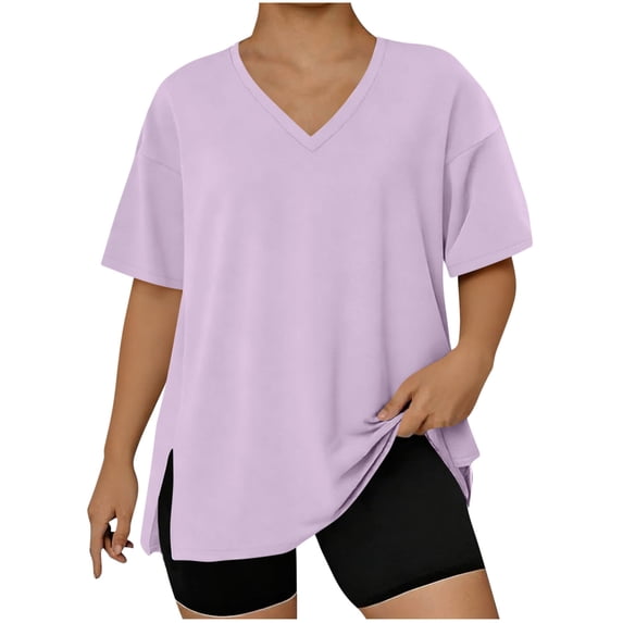 BUIGTTKLOP Oversized T Shirts for Womens 2026 Short Sleeve Shirts Casual V Neck Tops Side Split Loose Fitted Basic Tees